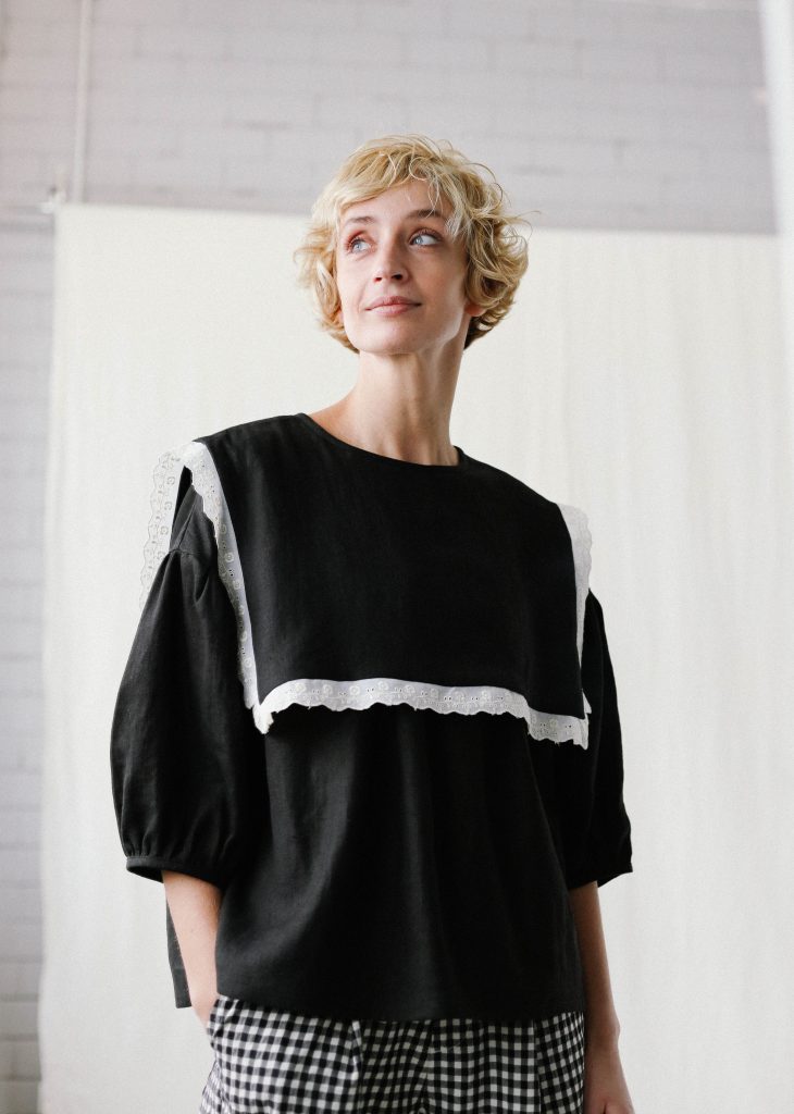 Oversized Large Collar Black Linen Blouse Amelia Offon