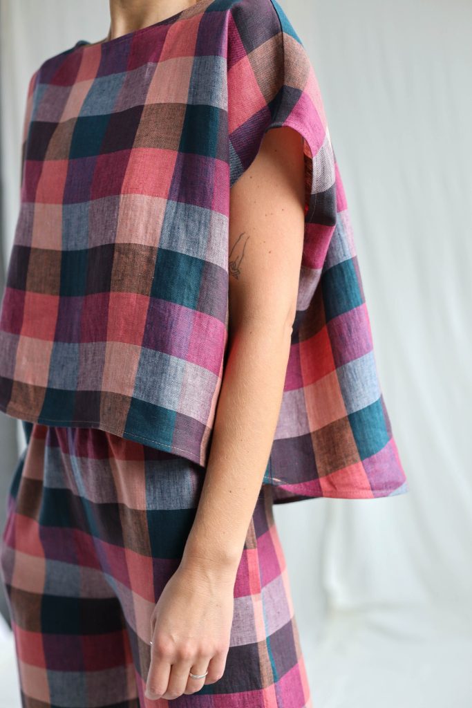 Checkered Linen Oversized Top Offon Clothing