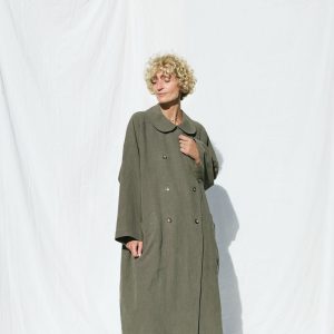Heavy Linen Oversized Coat In Olive Green Color