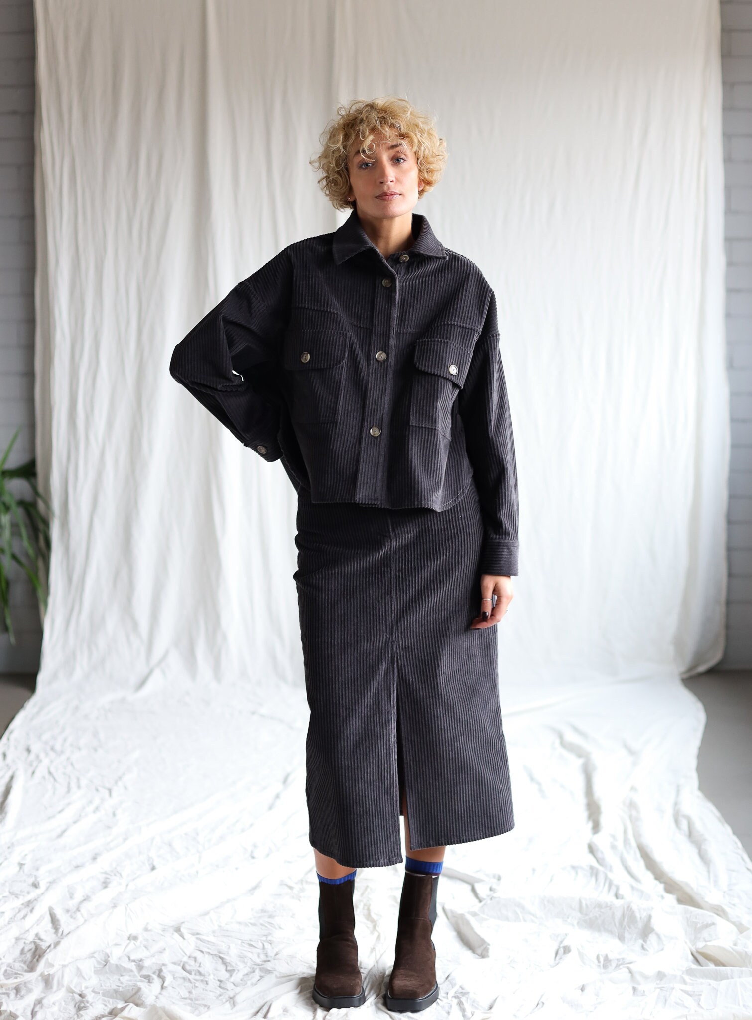 Charcoal Grey Wide Cord Oversized Shirt/jacket Offon Clothing Charcoal Grey Wide Cord Oversized Shirt/jacket Offon Clothing