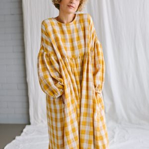 Mustard Checks Oversized Double Gauze Dress Greta Offon