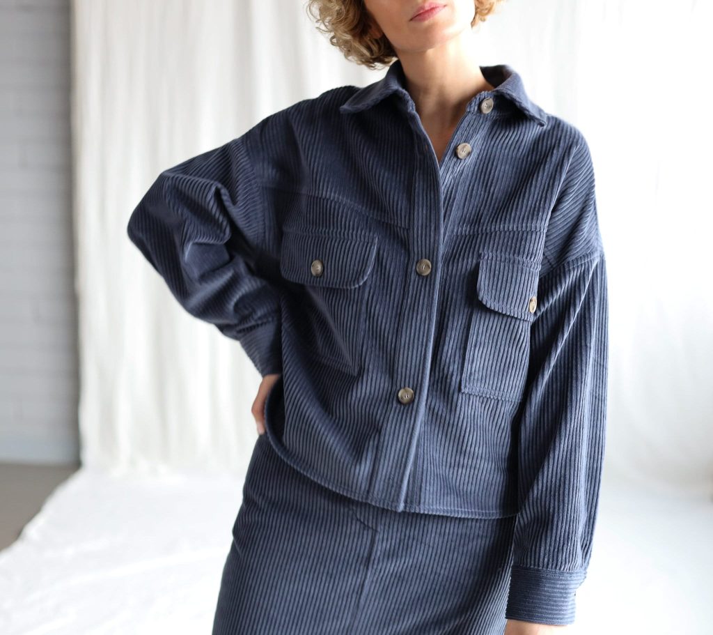 Wide Cord Oversized Overshirt Jacket In Denim Blue