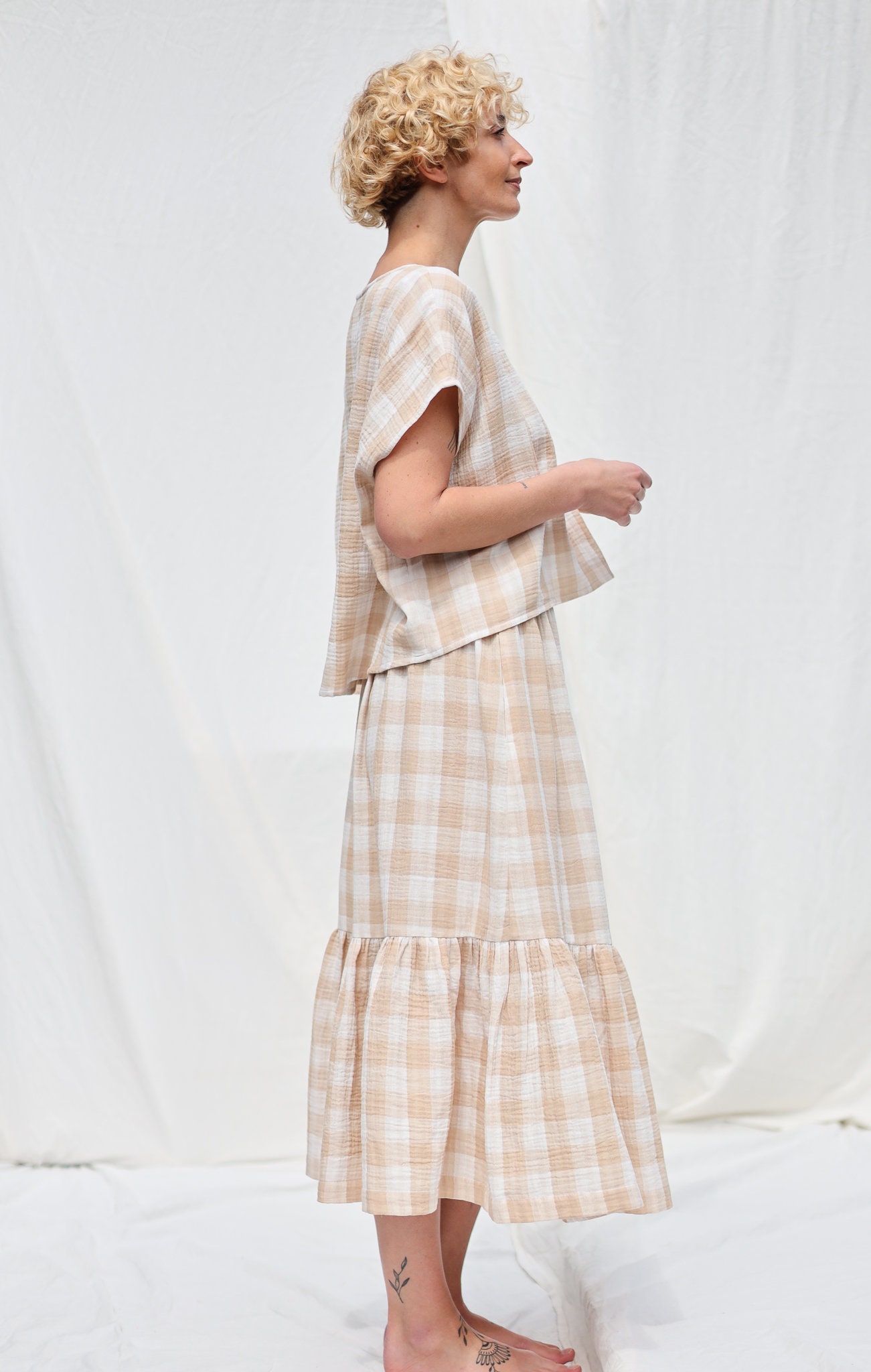 Oversized Top In Beige Double Gauze Checks Offon Oversized Top In Beige Double Gauze Checks Offon