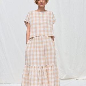 Oversized Top In Beige Double Gauze Checks Offon