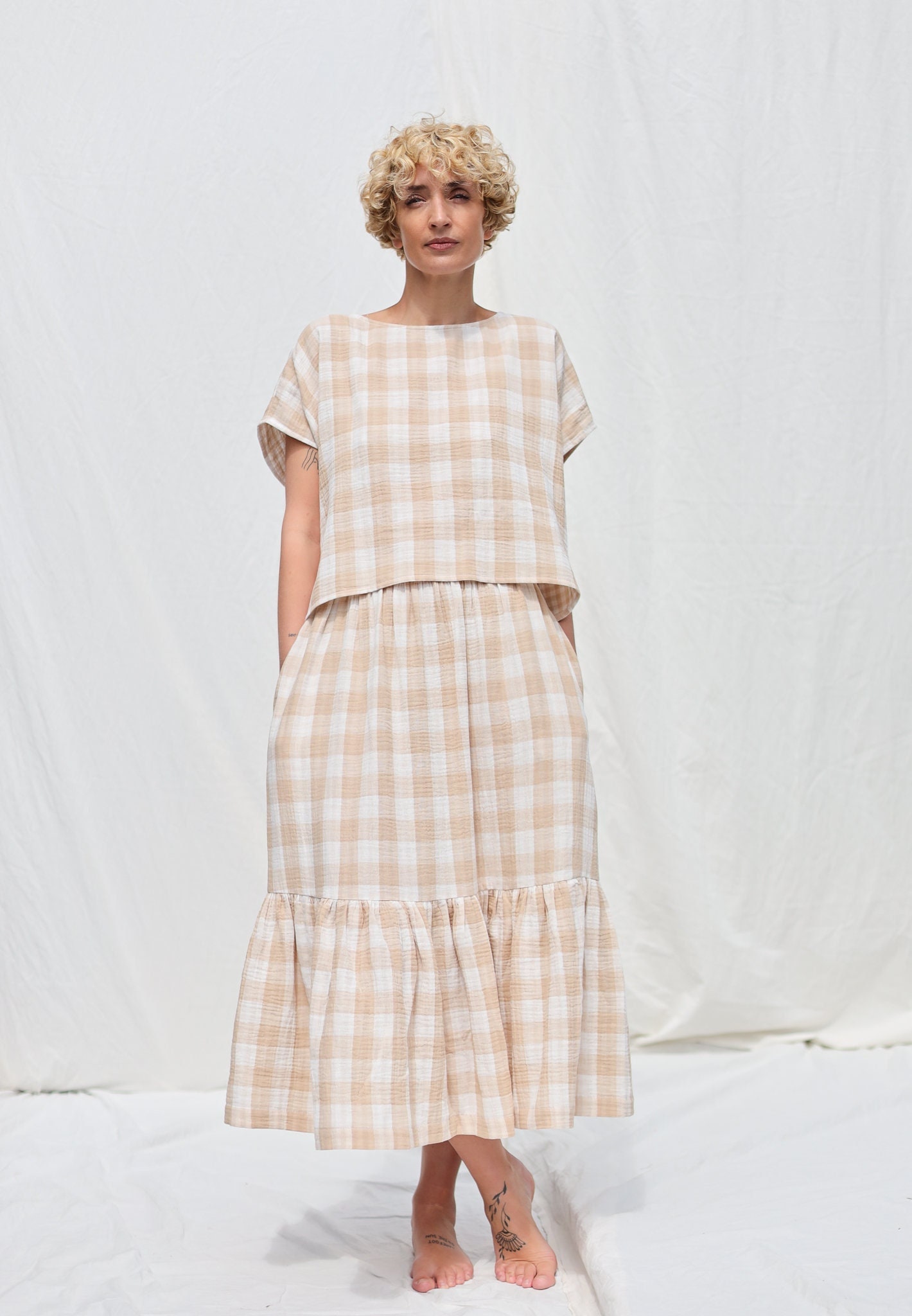 Oversized Top In Beige Double Gauze Checks Offon Oversized Top In Beige Double Gauze Checks Offon