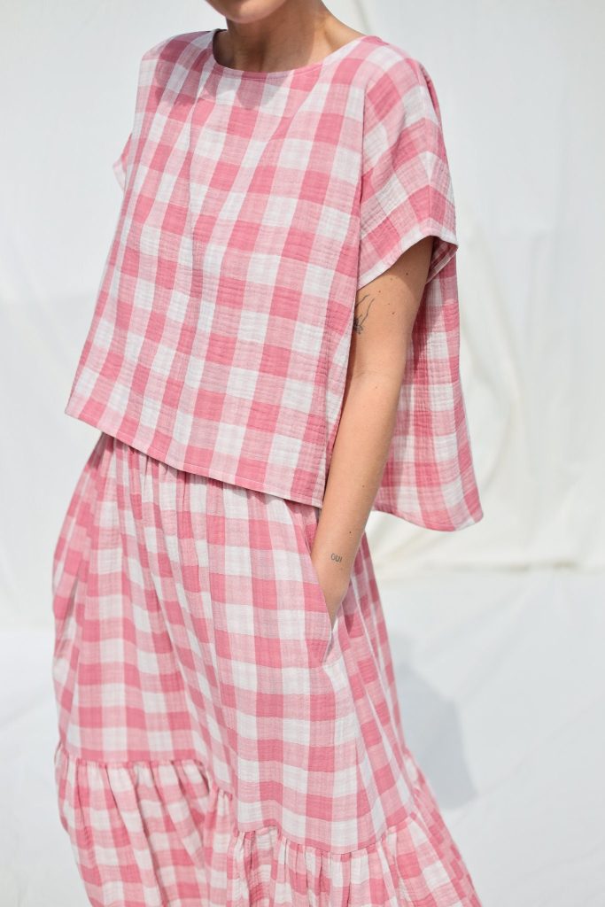 Oversized Top In Pink Double Gauze Checks Offon