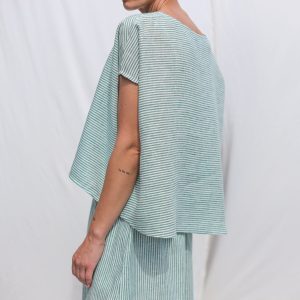 Linen Oversized Top In Green Stripes Offon Clothing