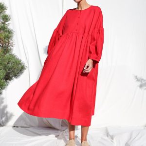 Red Linen Oversized Voluminous Sleeves Dress Greta Offon