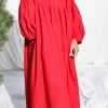Red Linen Oversized Voluminous Sleeves Dress Greta Offon