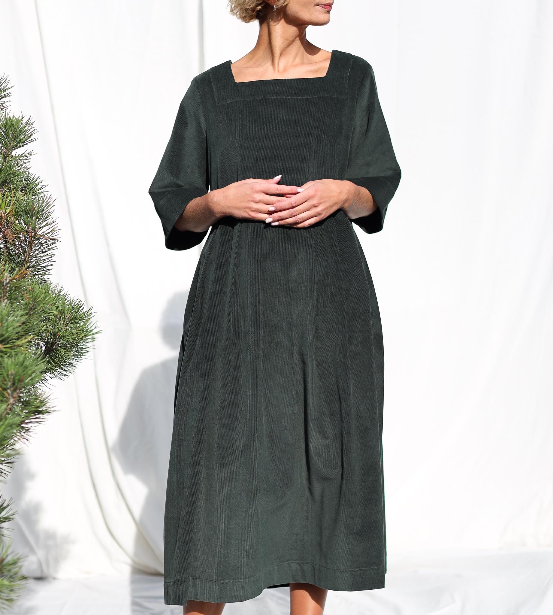 Oversized Needlecord Dress Valerie In Dark Sage Color Oversized Needlecord Dress Valerie In Dark Sage Color