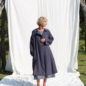 Heavy Linen Oversized Coat In Navy Blue Color