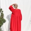 Red Linen Oversized Voluminous Sleeves Dress Greta Offon