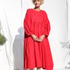 Red Linen Oversized Voluminous Sleeves Dress Greta Offon