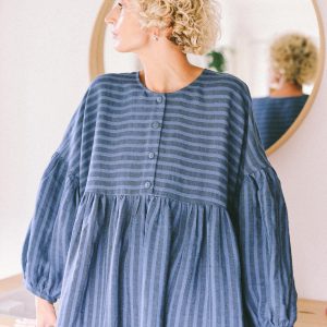 Oversized Voluminous Sleeves Linen Dress Greta In Stripes