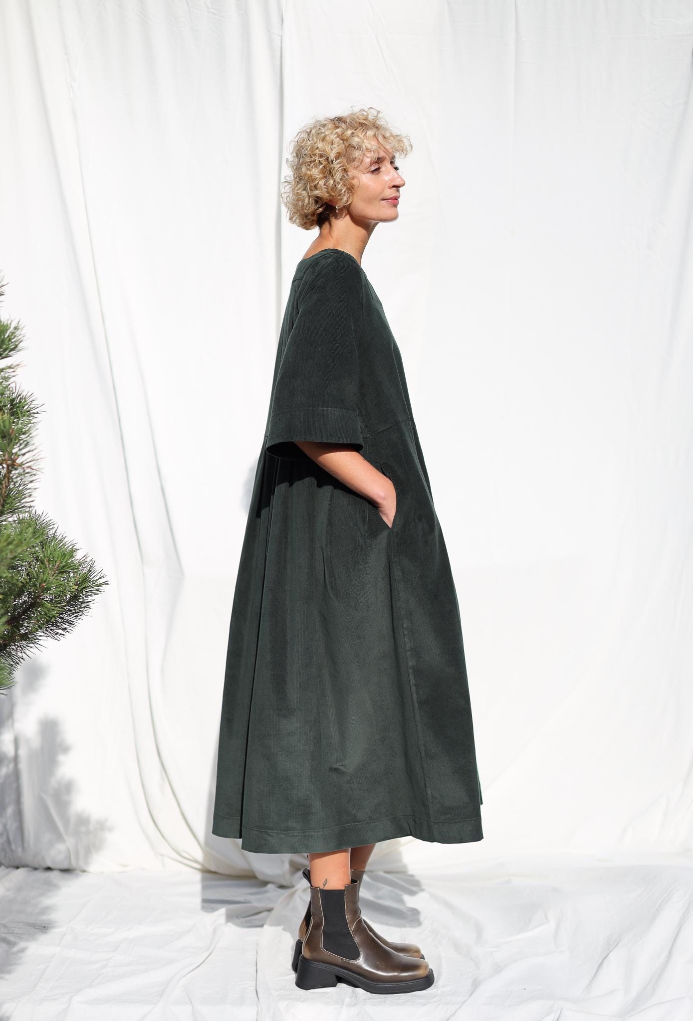 Oversized Needlecord Dress Valerie In Dark Sage Color Oversized Needlecord Dress Valerie In Dark Sage Color