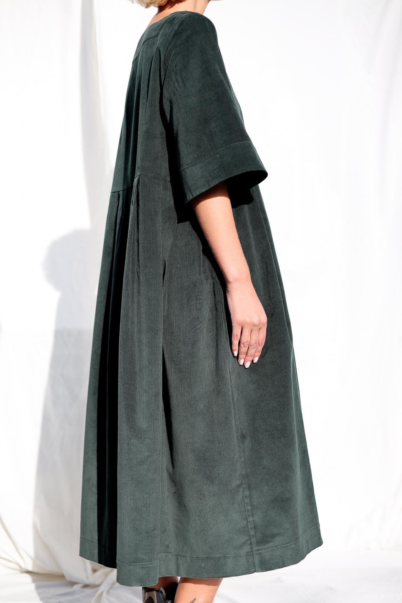 Oversized Needlecord Dress Valerie In Dark Sage Color Oversized Needlecord Dress Valerie In Dark Sage Color