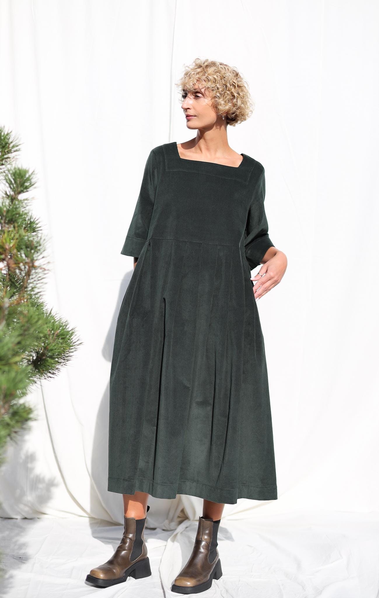 Oversized Needlecord Dress Valerie In Dark Sage Color Oversized Needlecord Dress Valerie In Dark Sage Color