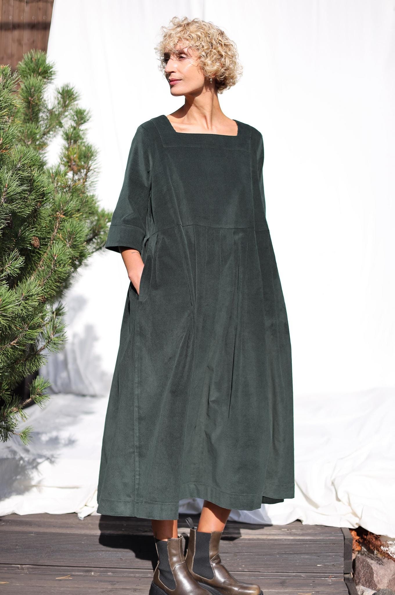 Oversized Needlecord Dress Valerie In Dark Sage Color Oversized Needlecord Dress Valerie In Dark Sage Color