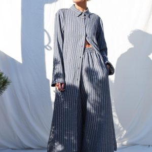 Oversized Long Sleeves Jacquard Striped Linen Shirt Dress