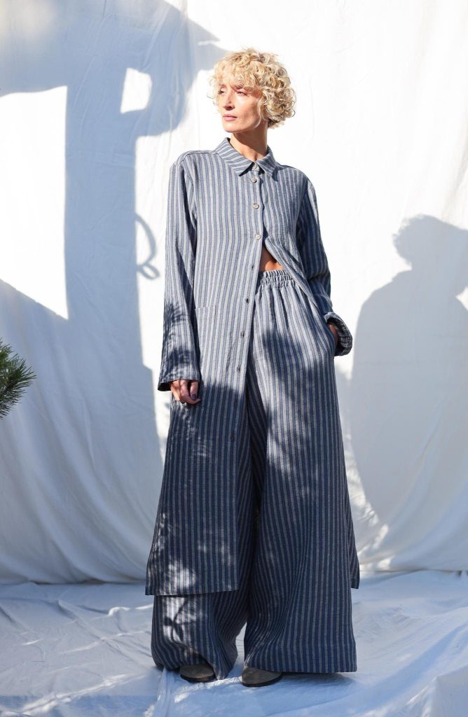 Oversized Long Sleeves Jacquard Striped Linen Shirt Dress