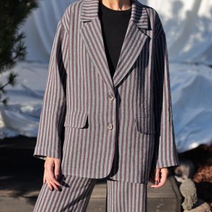 Oversized Exclusive Jacquard Linen Blazer In Burgundy Stripes