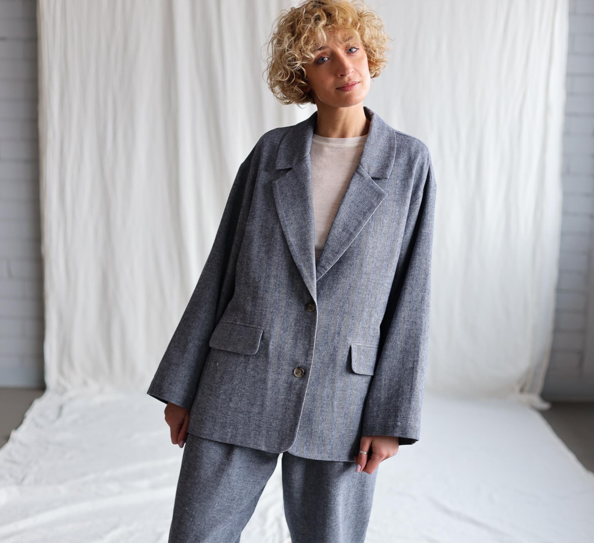 Herringbone Linen And Wool Oversized Blazer Offon Clothing Herringbone Linen And Wool Oversized Blazer Offon Clothing