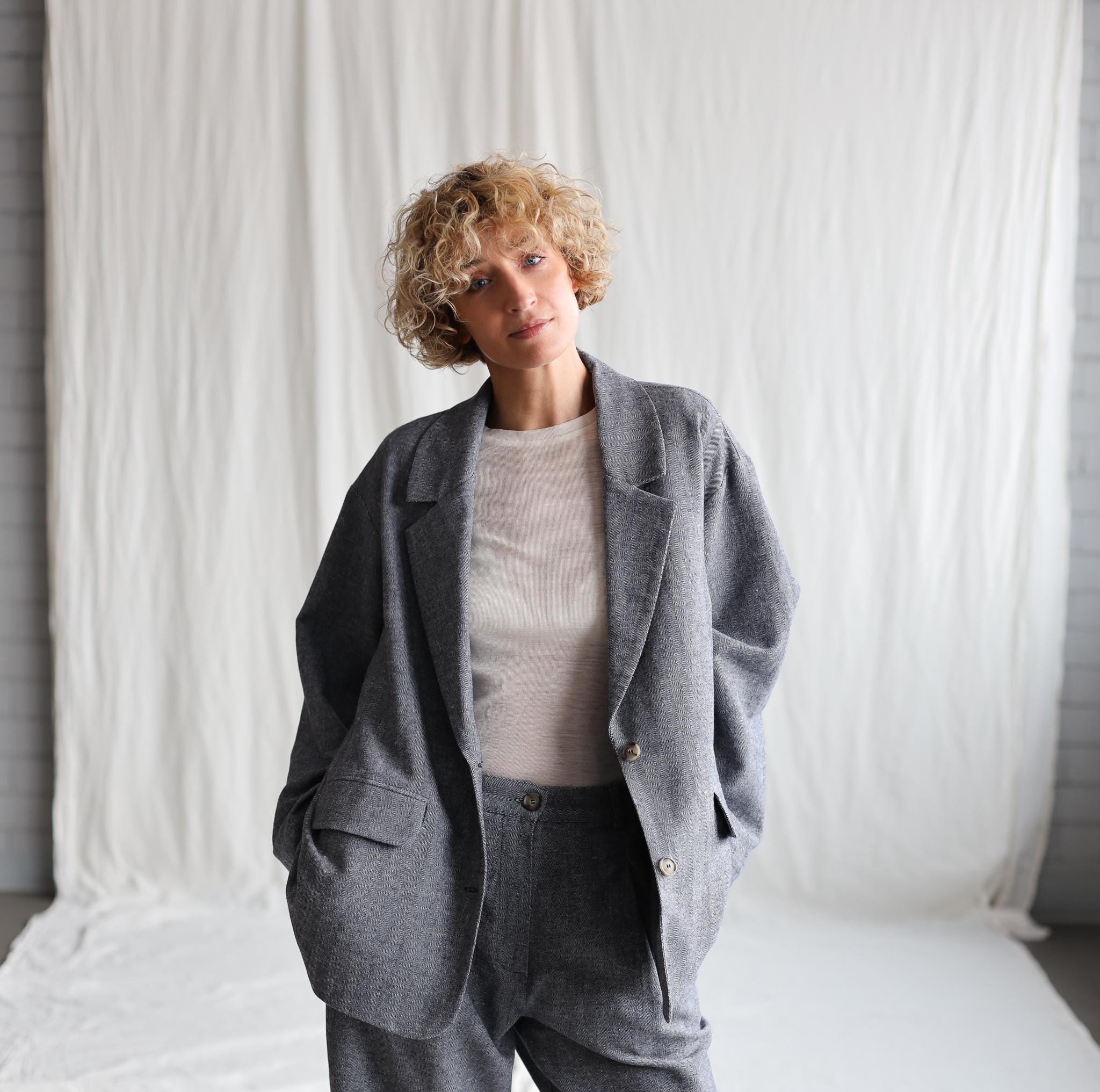 Herringbone Linen And Wool Oversized Blazer Offon Clothing Herringbone Linen And Wool Oversized Blazer Offon Clothing