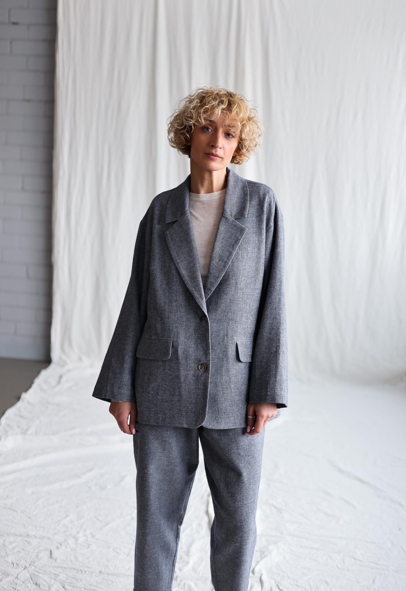 Herringbone Linen And Wool Oversized Blazer Offon Clothing Herringbone Linen And Wool Oversized Blazer Offon Clothing