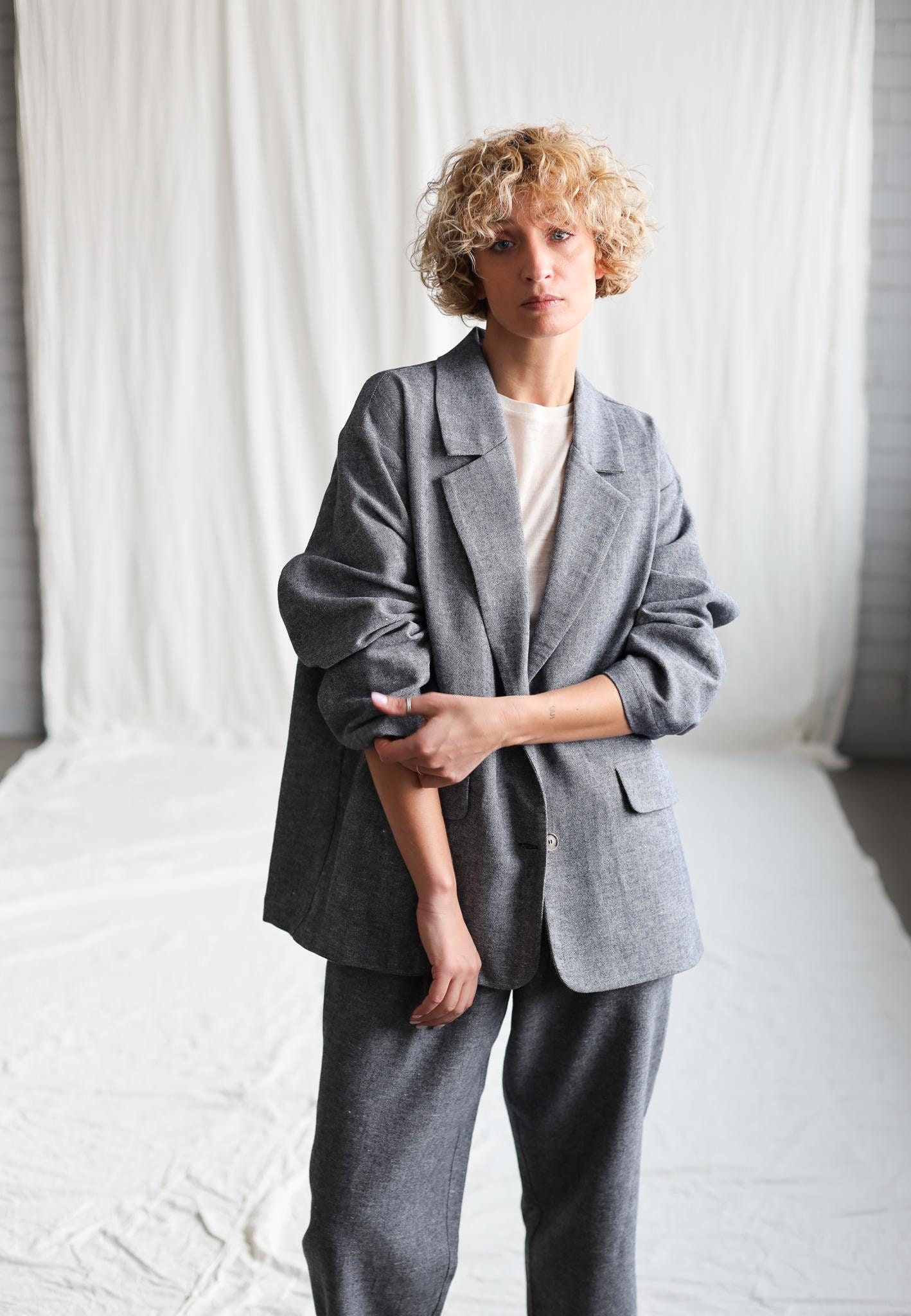 Herringbone Linen And Wool Oversized Blazer Offon Clothing Herringbone Linen And Wool Oversized Blazer Offon Clothing