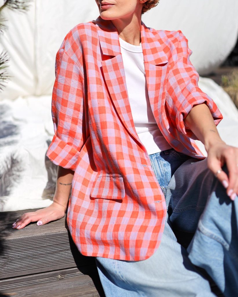 Handmade Checkered Linen Blazer: Oversized Summer Jacket