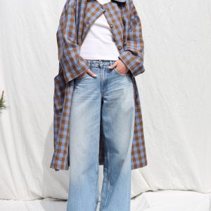 Linen Oversized Coat In Blue Bonnet Checks Double