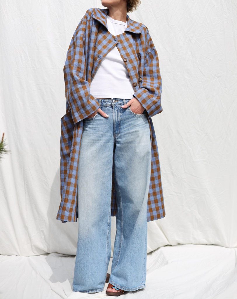Linen Oversized Coat In Blue Bonnet Checks Double