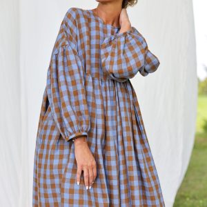 Oversized Linen Dress Greta In Bluebonnet Checks Handmade